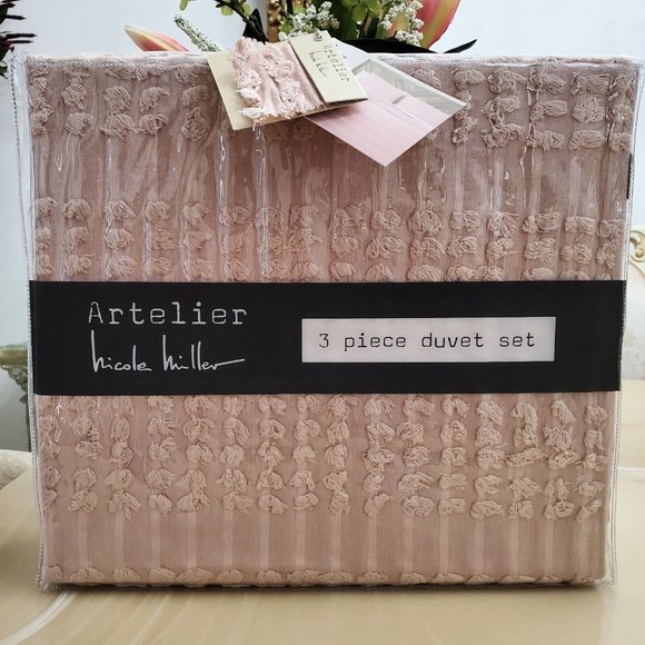 Artelier Nicole Miller Pink Elevated Cotton Texture 3 Piece Full/Queen Duvet Set - Picture 2 of 9